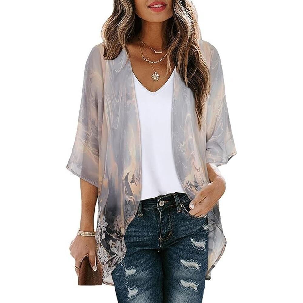 NEW Gray Gold Women's 3XL Floral Print Kimono Cardigan Loose Cover Up Shirt - Picture 2 of 6